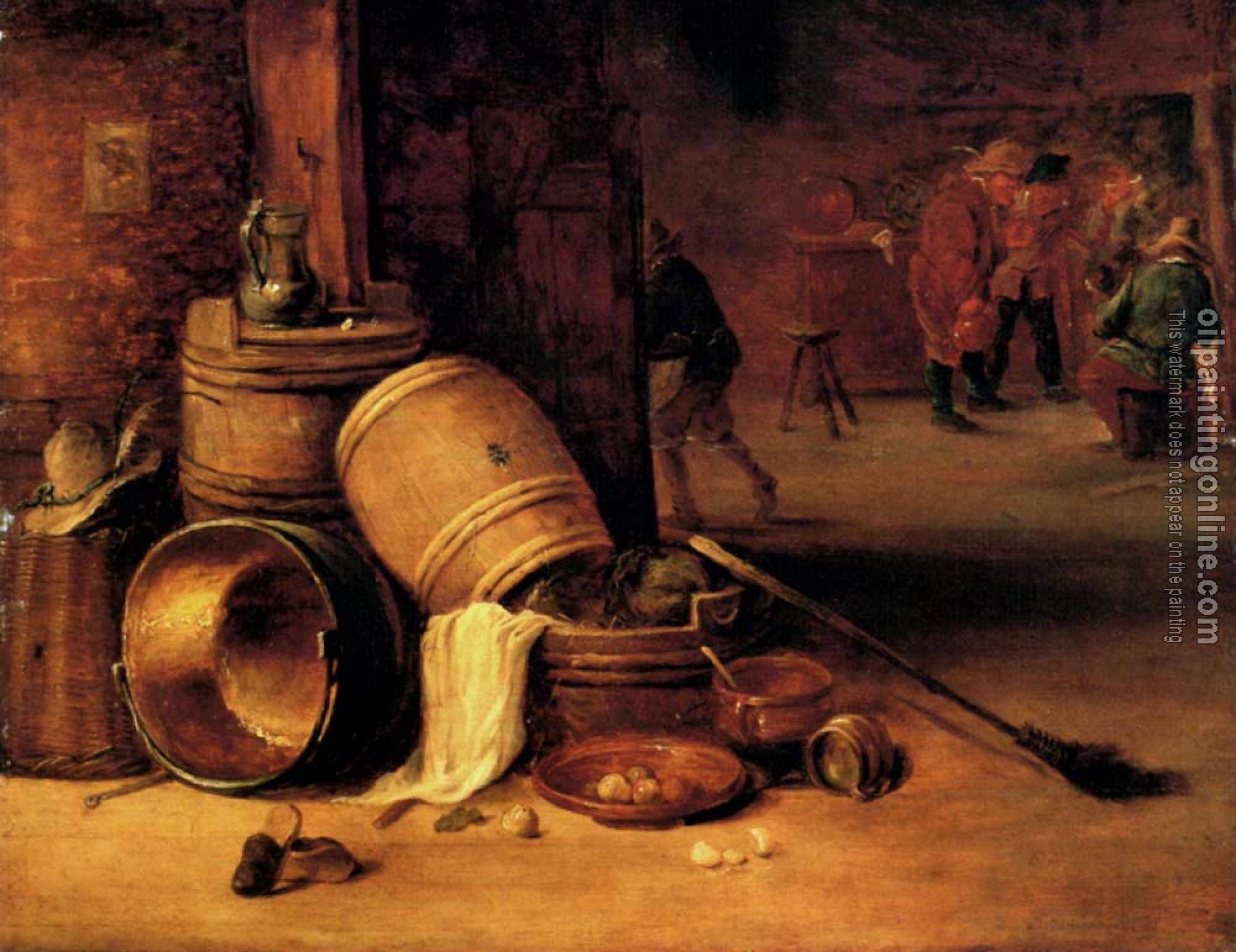 David Teniers the Younger - An Interior Scene With Pots Barrels Baskets Onions And Cabbages